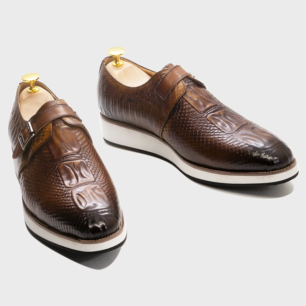 Mens Casual Shoes Genuine Leather Crocodile Pattern Classic Shoe for Men Leather Original Fashion Buckle Monk Strap Sneakers
