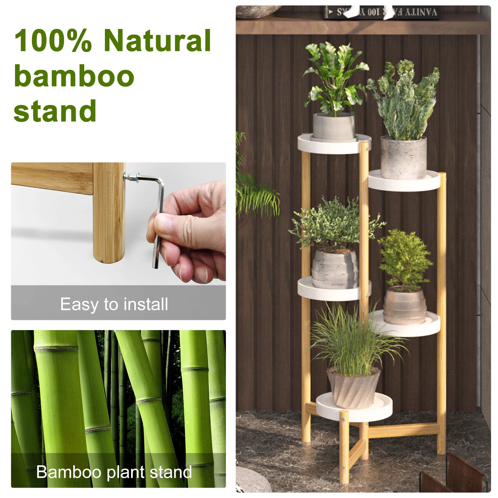 5 Tiers Planter Holder Tall Corner Bamboo Flower Pot Stand Outdoor Indoor