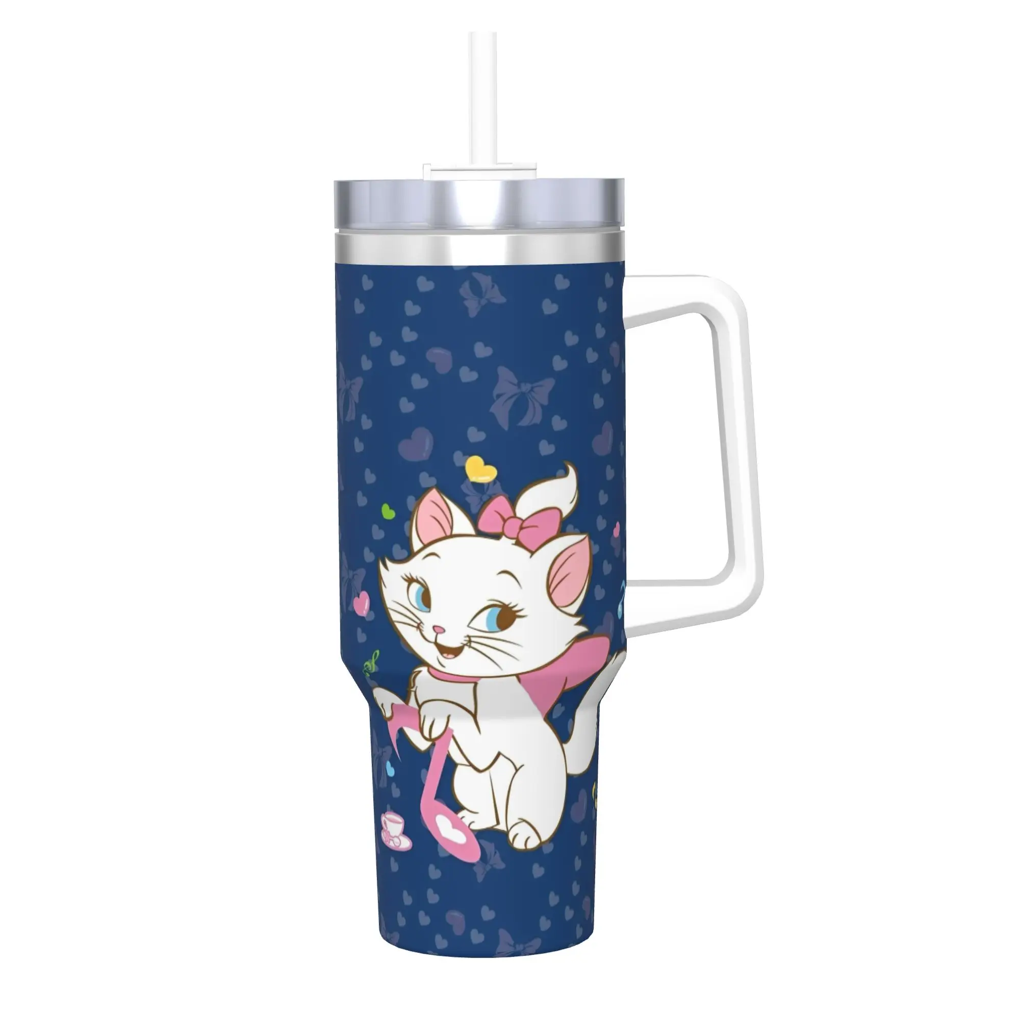 Stainless Steel Aristocats Marie Cat Tumbler with Straw - Large Capacity Thermal Mug