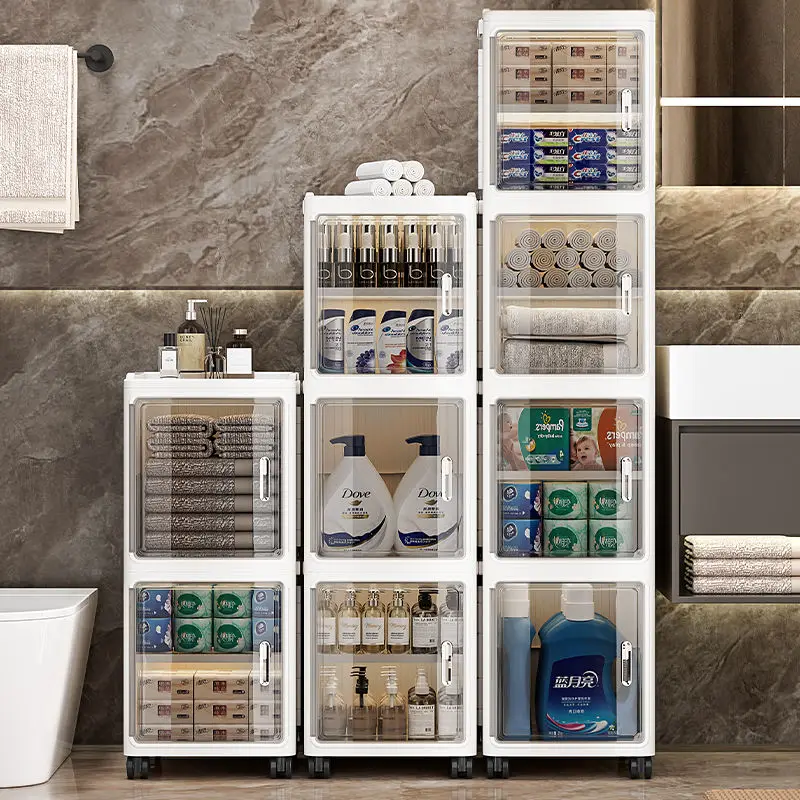 ตู้เก็บของแบบพับได้ โปร่งใส บางเฉียบ พร้อมล้อ กันน้ำ กันฝุ่น ประหยัดพื้นที่ สำหรับจัดระเบียบห้องน้ำ ห้องครัว 1