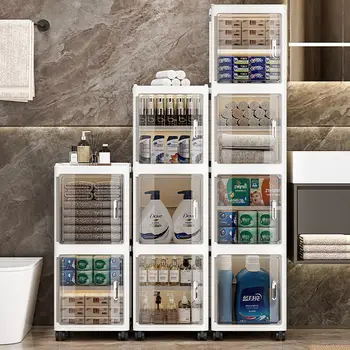 ตู้เก็บของแบบพับได้ โปร่งใส บางเฉียบ พร้อมล้อ กันน้ำ กันฝุ่น ประหยัดพื้นที่ สำหรับจัดระเบียบห้องน้ำ ห้องครัว 1