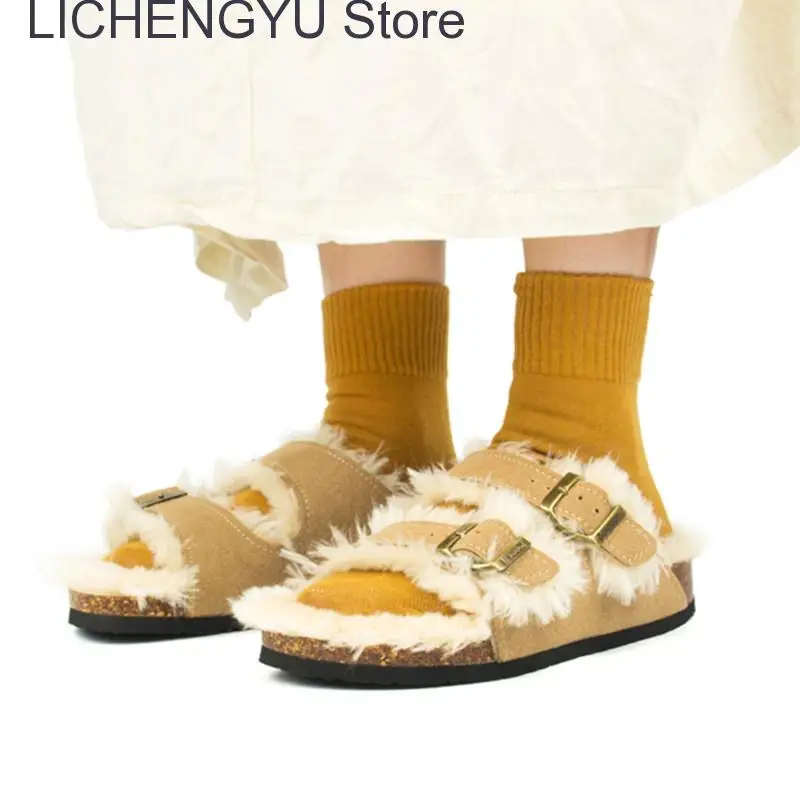 New Fur Inside Cork Slipper Autumn Winter Women Casual Nubuck Leather Outside Men Buckle Soft Plush Slides Shoe