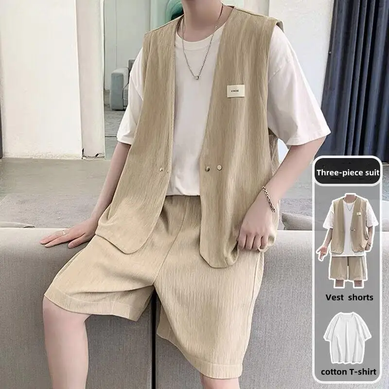 V Neck Sleeveless Button Vests & Shorts Fashion Men's Casual Suits Youth Handsome Loose Vintage Korean Style Three Piece Sets