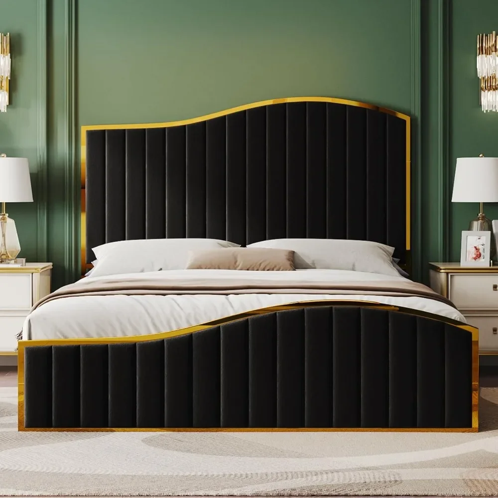 Queen Size Bed Frame, 61.4" High Headboard Platform Bed Velvet Upholstered with Gold Trim & Footboard/Wooden Slats 5