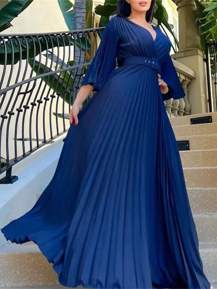 

Sexy V-Neck Pleated Dinner Party Dress Women Yellow Elegant with Belt Long Sleeve Robe Femme African Maxi Red Vestido