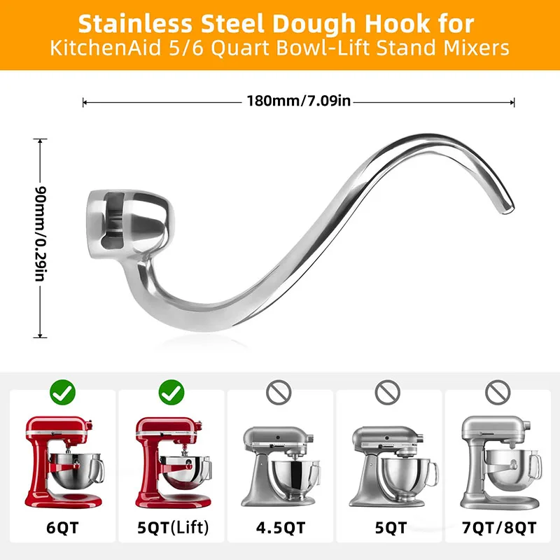 Dough Hook KitchenAid Stainless Steel Spiral Hook Tilt-head & 5-6 Qt Mixers Dishwasher Safe Efficient Kneading for Bread/Pasta