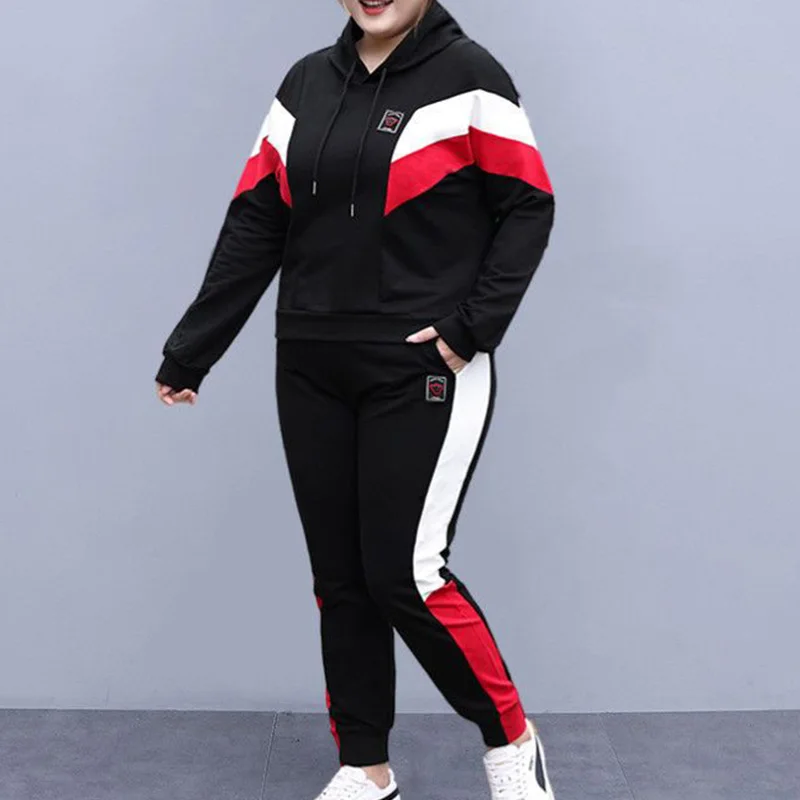 Plus Size Fashion Hooded Contrast Color Drawstring Long Sleeve Top Elastic Waist Label Loose Pants Casual Sports Two Pieces Sets