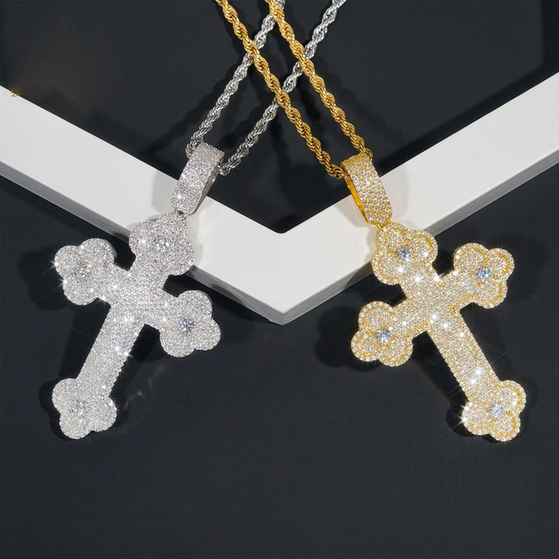 

Hiphop Iced Bling Moissanite Diamond Cross Pendant Necklace for Men 925 Sterling Silver Plated 14k Gold Pass Tester Wholesale