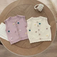 Spring Baby Girls Knit Cardigan Vest 0-3Y Kids Bow Embroidery Button Front Soft Cute Newborn Girl Sleeveless Knit Top Clothes