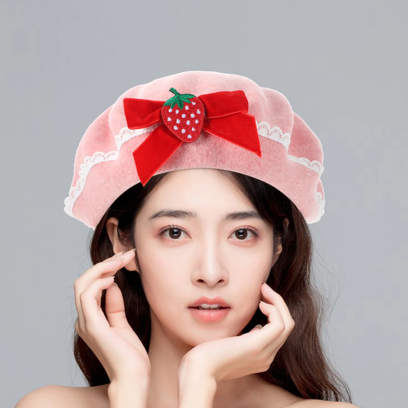 Berets Strawberry Bow Woolen French Beret Hat Wool Cap 56-58Cm Handmade Fashion Warm Hat Gift Halloween Christmas Xmas 4