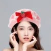 Berets Strawberry Bow Woolen French Beret Hat Wool Cap 56-58Cm Handmade Fashion Warm Hat Gift Halloween Christmas Xmas 4
