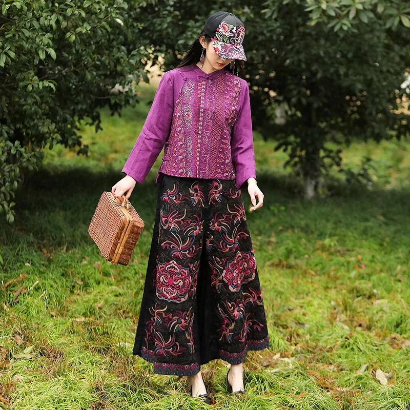 National Style Harajuku Vintage Black Cotton Linen Embroidered Women Wide Leg Trousers Elastic Waist Straight Skirt Pants Casual