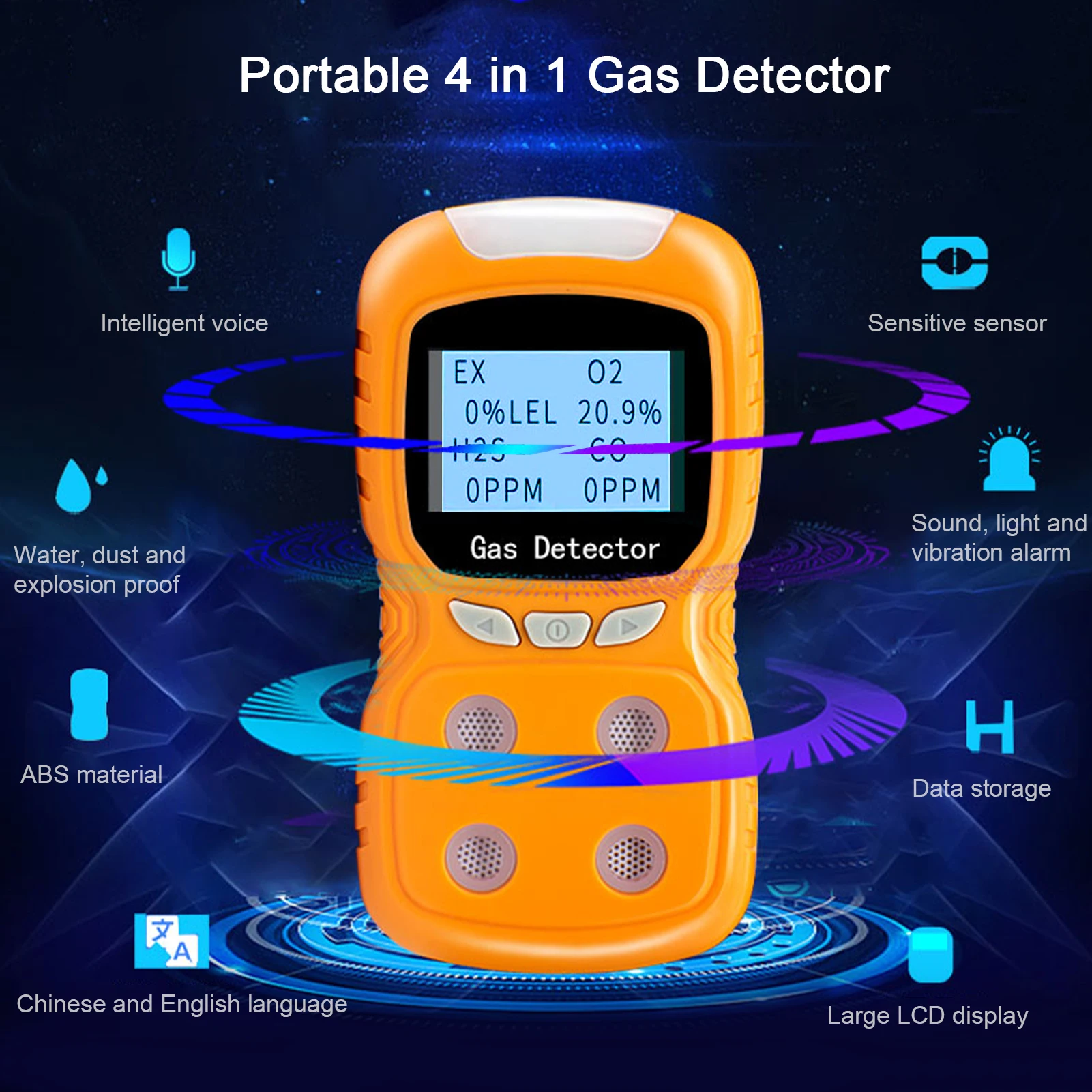 4in 1 Gas Detector CO H2S O2 EX Tester Analyzer Rechargeable LCD Display Sound Light Vibration Alarm Air Quality Tester