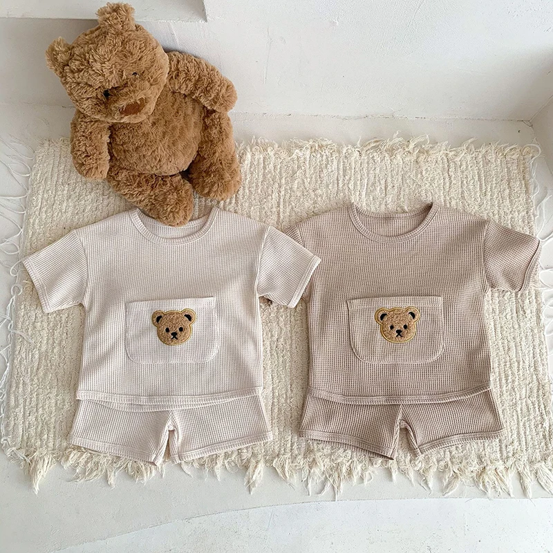 Soft Waffle Baby Clothing Set Bear Tee and Shorts