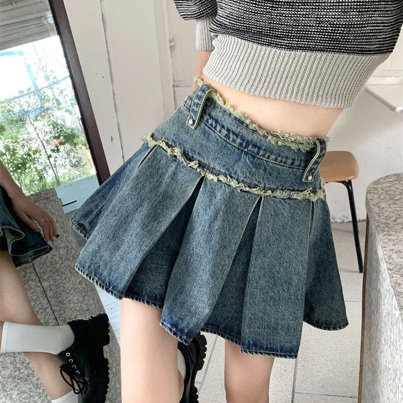 

Designer Raw Edge Denim Pleated Skirt Female Summer Vintage Blue Harajuku A-Line Versatile Sport Jean Skirts Students Howdfeo