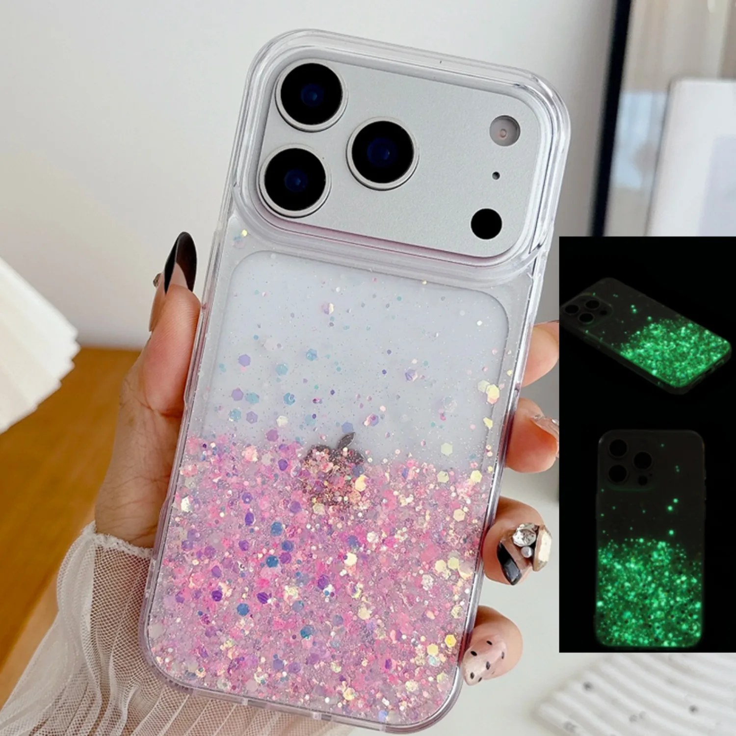 Night Glowing Luminous Glitter Silicone Phone Case with Neon Transparent Sequins Cover
