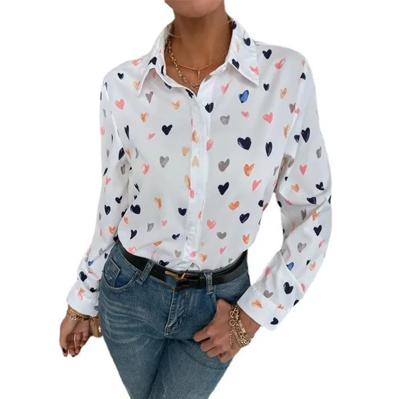 Elegant Butterfly Love Heart Print Shirt Female Autumn Lapel Single-breasted Cardigan Long Sleeve Blouse Women Commuter Tops 5XL