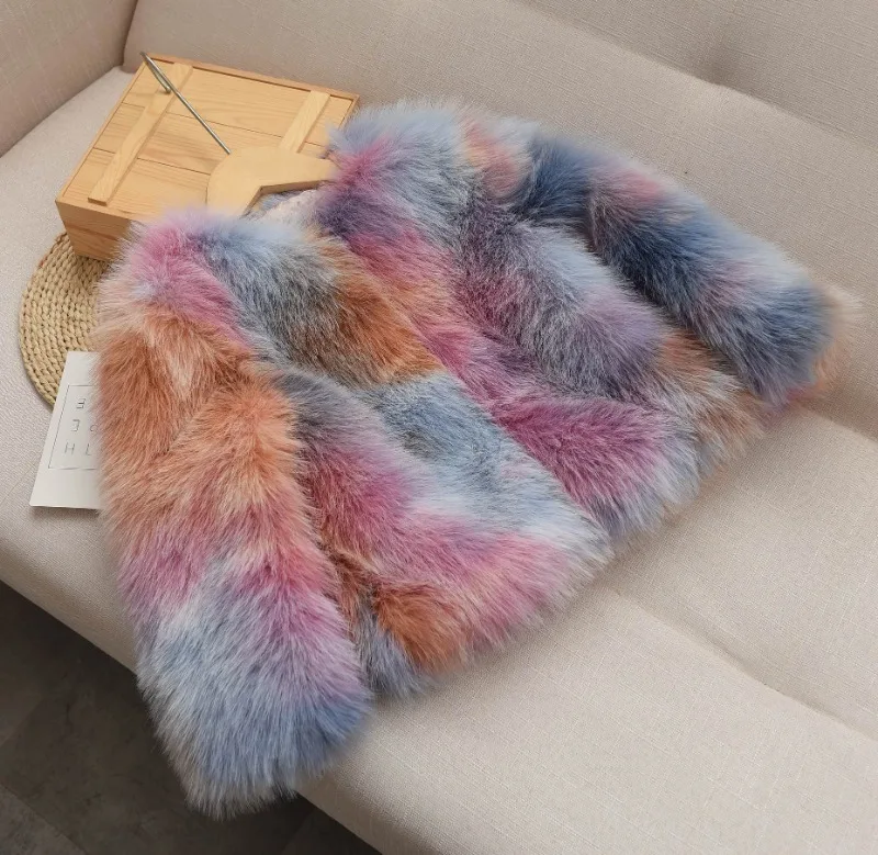 Winter Patchwork Fur Coat for Girls Short Round Neck - Uniqwear