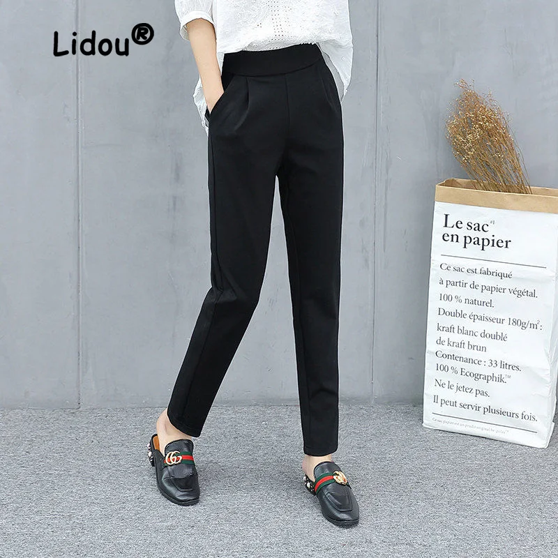 Black Suit Pants Women Plush 2022 Autumn Winter New Loose Pocket High Waist Office All-match Lady Keep Warm Comfortable Trousers