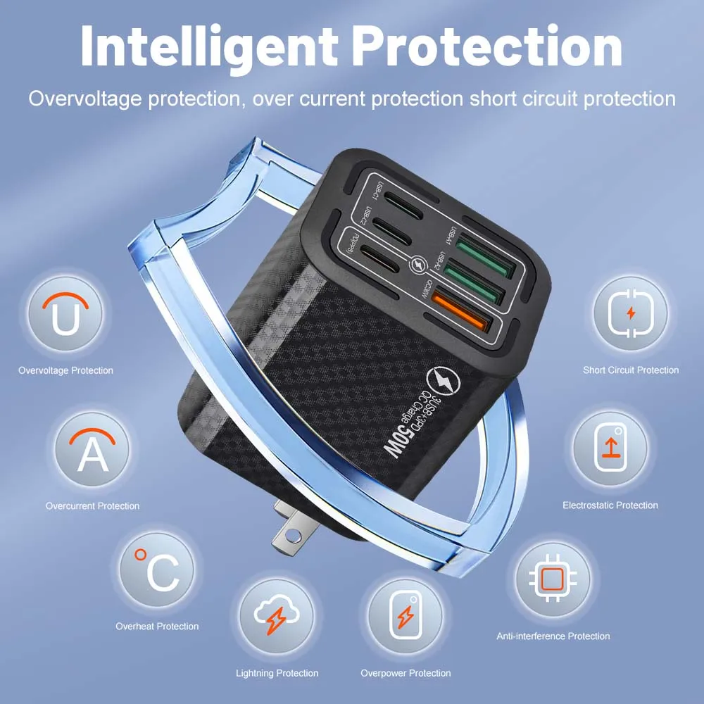 50W USB C Wall Charger Fast Charger 6 Ports Quick Charge 3.0 Adapter for iPhone Xiaomi Samsung Phone Charger EU/US/UK/KR Plug