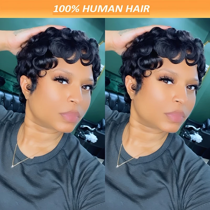 Pixie Cut Wigs Human Hair Wigs Short Curly Pixie Cut For Black Women Full Machine Made Wig Curly Black 1B Color