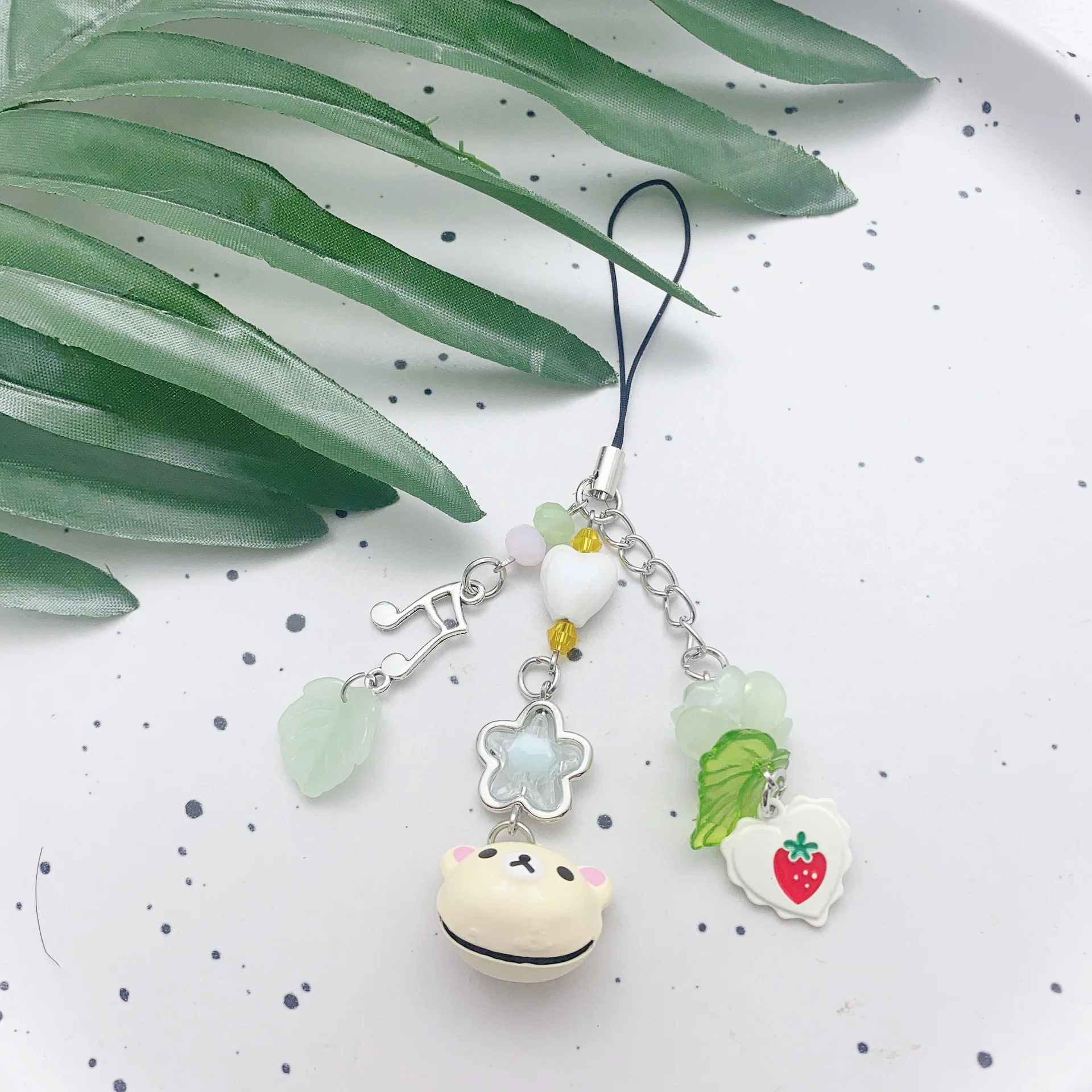 Cat Phone Charm Chain Four Leaf Clover Beaded Phone Charm Y2K Green Fairy Core Keychain Bag Key Ring