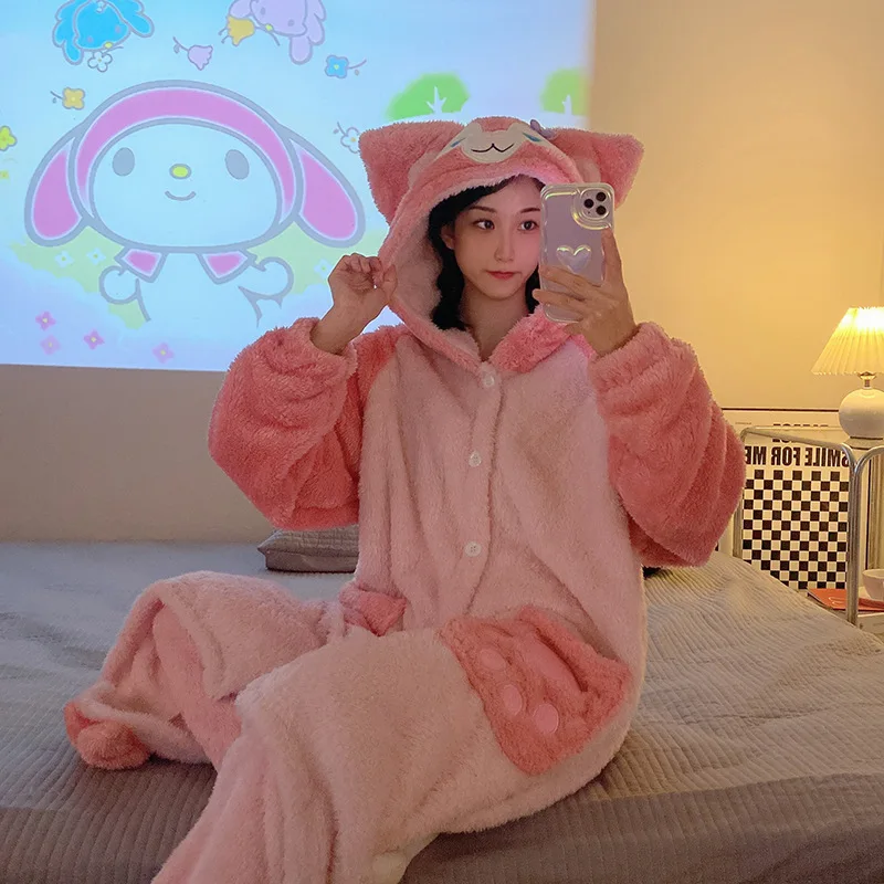 

Women Kigurumi Homewear Thicken Flannel Kawaii Pajama Adult Onesie Nightgown Cute Sleepwear Jumpsuit Party Cosplay Costume+Pants