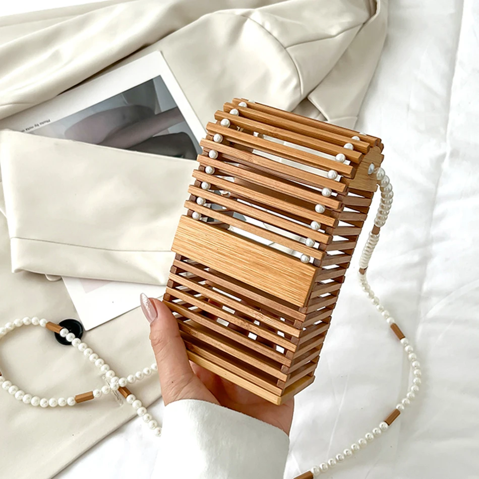

Trend Bamboo Woven Box Phone Bags for Women Fashion Hollow Out Pearl Chain Shoulder Bag Summer Small Rattan Beach Crossbody Bag