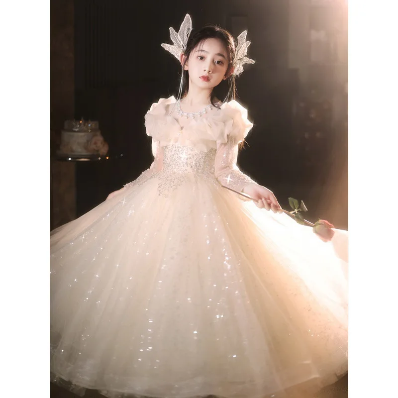 

Girl's Dress 2024 New Children's Birthday Fluffy Gauze Little Girl Host Piano Performance Dresses Ball Gown Flower Girl Dress