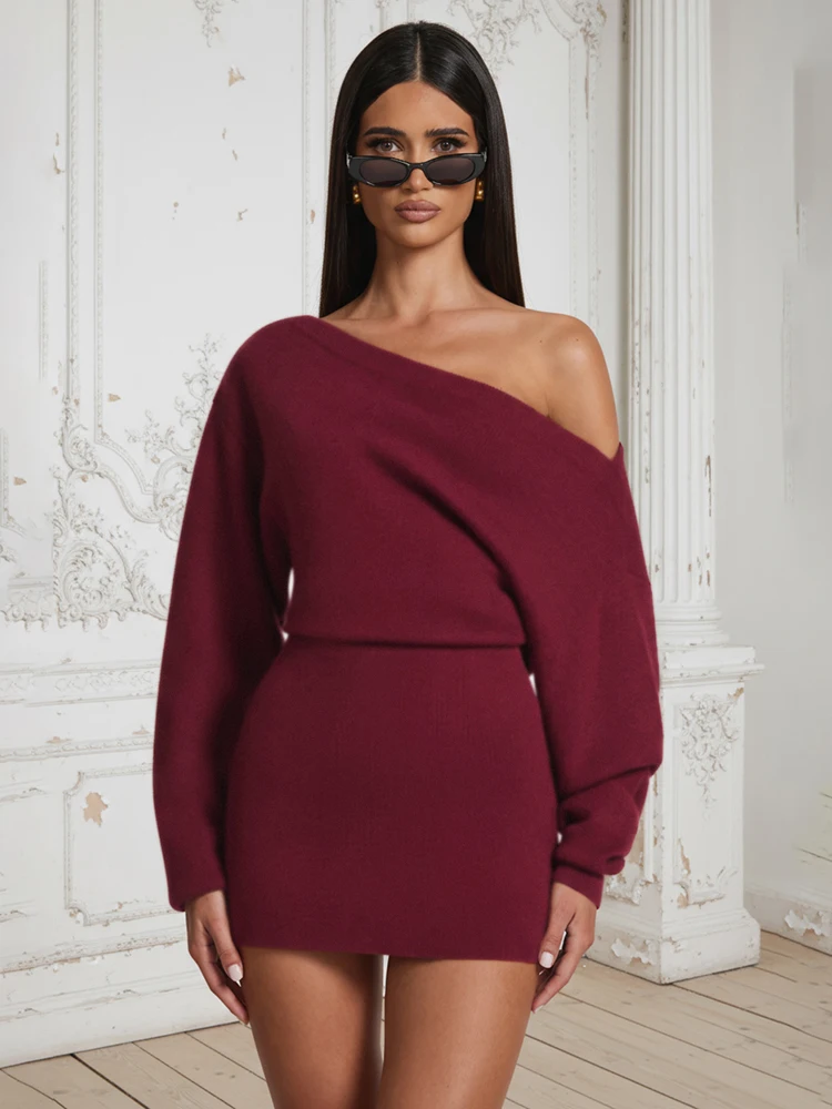 Nibber Shoulder Off Dress Women Ruched Full Sleeve Christmas Party Winner New Trend Elegant Banquet Sweet Solid Mini Bodycon