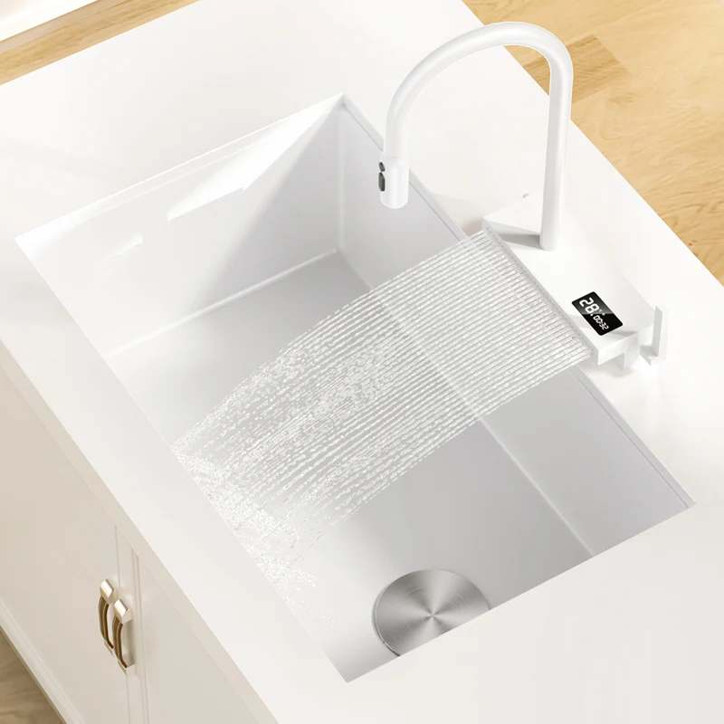 White Stainless Steel Kitchen Sink with Digital Display Multifunction Waterfall Faucet large Wash Basin for Kitchen Accessories