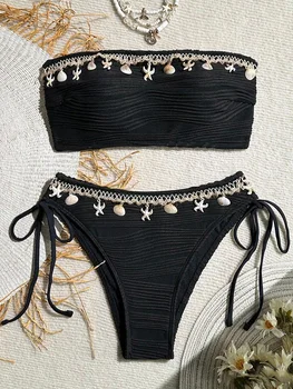 XS - XL Bandeau Wrinkled High Cut Bikini Women Swimwear Female Swimsuit Two-pieces Bikini Set Shells Bather Bathing Suit Swim 1