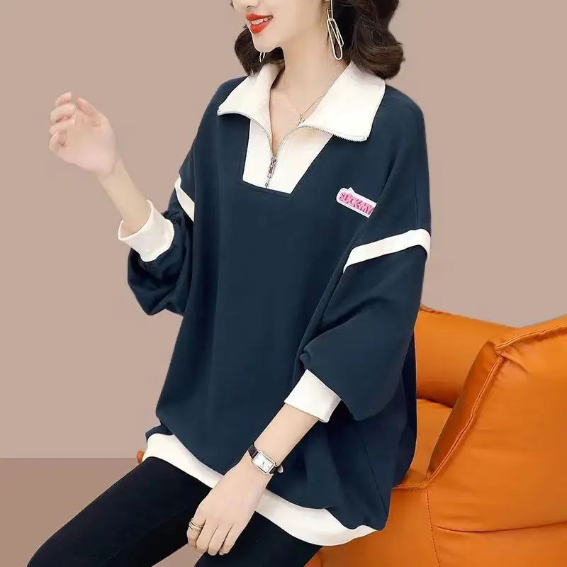 Spring Autumn Women's Polo Collar Patchwork Pullover Long Sleeve Solid Fashion Lady Sweatshirts Casual Versatile Elegant Tops