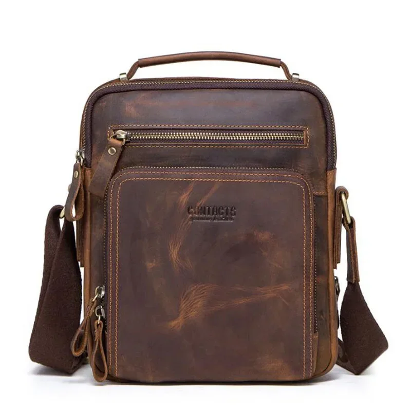 

High quality brand crazy horse leather men's shoulder bag vintage messenger bags men bolsos male crossbody bags man's handbag