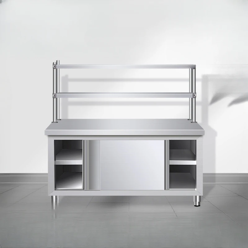 

Рабочий стол с раздвижной дверью из нержавеющей стали, Двухуровневая Вертикальная полка, стеллаж для хранения, кухонный стол, рабочий стол,