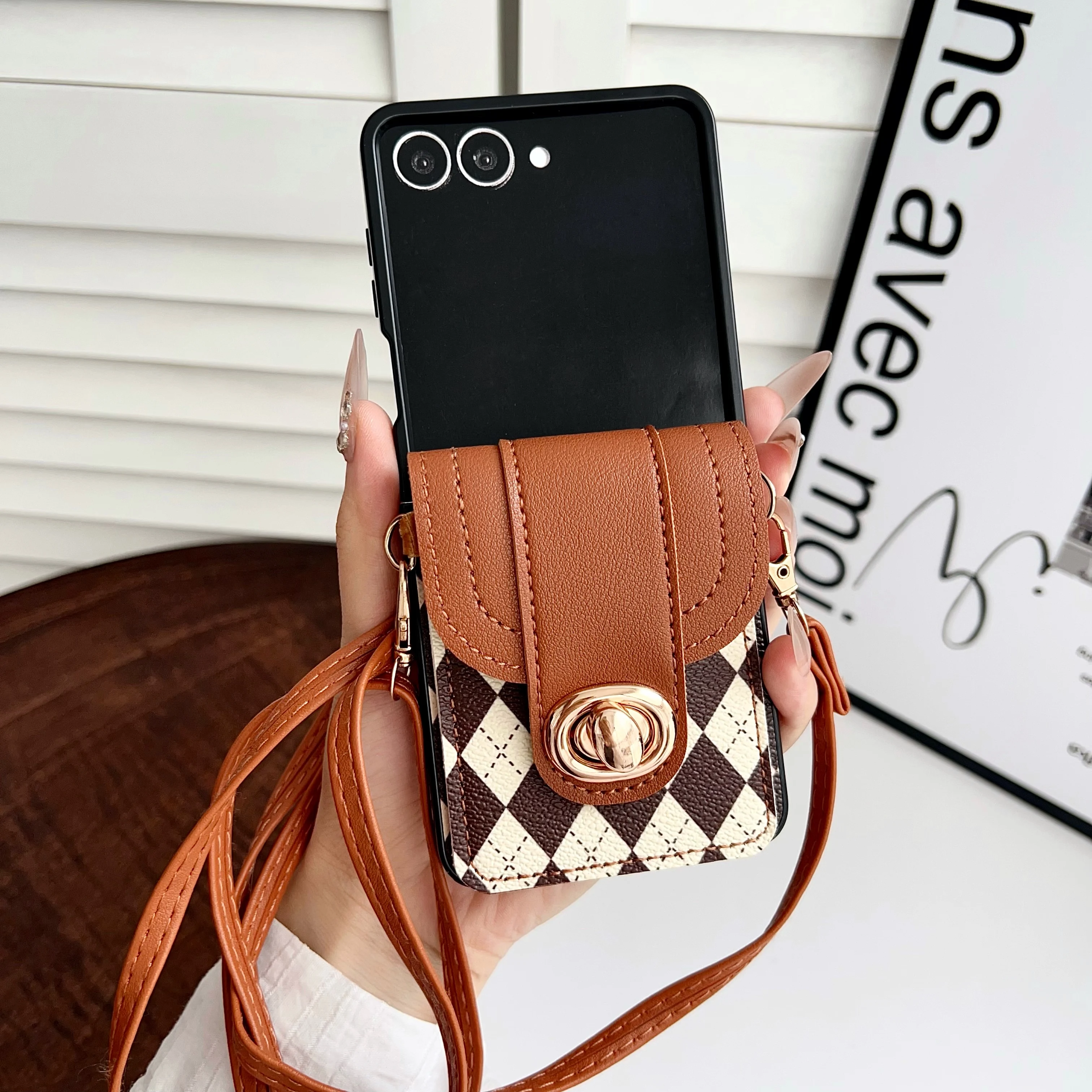 Rhombus Purse Card Bag Crossbody Leather Case with Metal Buckle