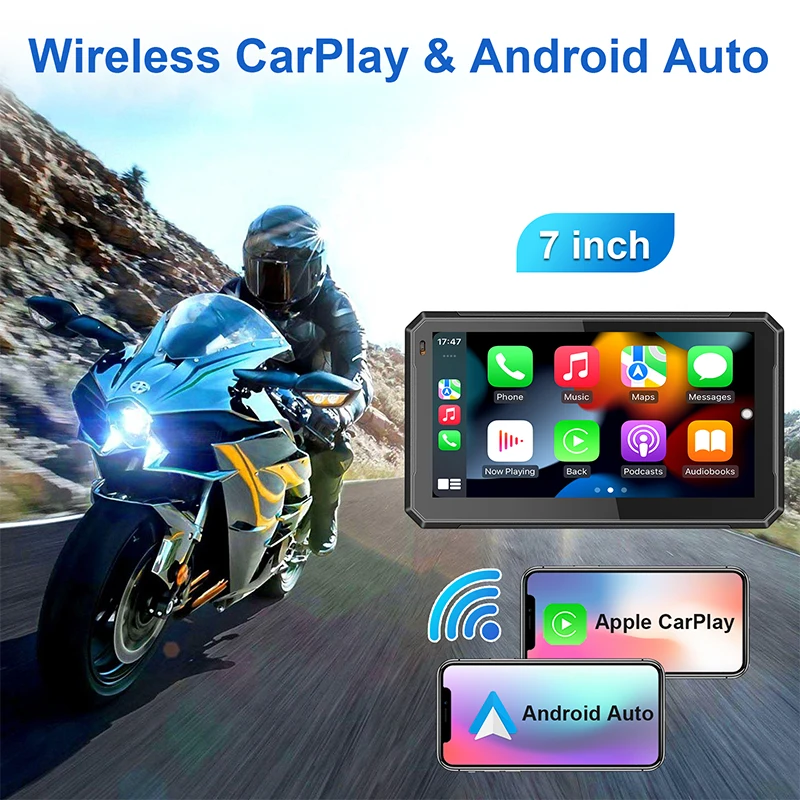 Motorcycle Navigation Display Motorcycle Navigation Screen Portable 7 Inch Motorcycle Navigation GPS Wireless Apple Carplay Android Auto IPX7Waterproof Motorcycle BT Touch Screen Display