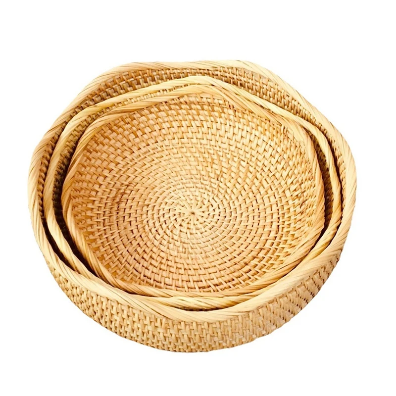 

Rattan Round Fruit Baskets Woven Serving Basket Bowls Wicker Storage Baskets Bowls For Kitchen Set Of 3