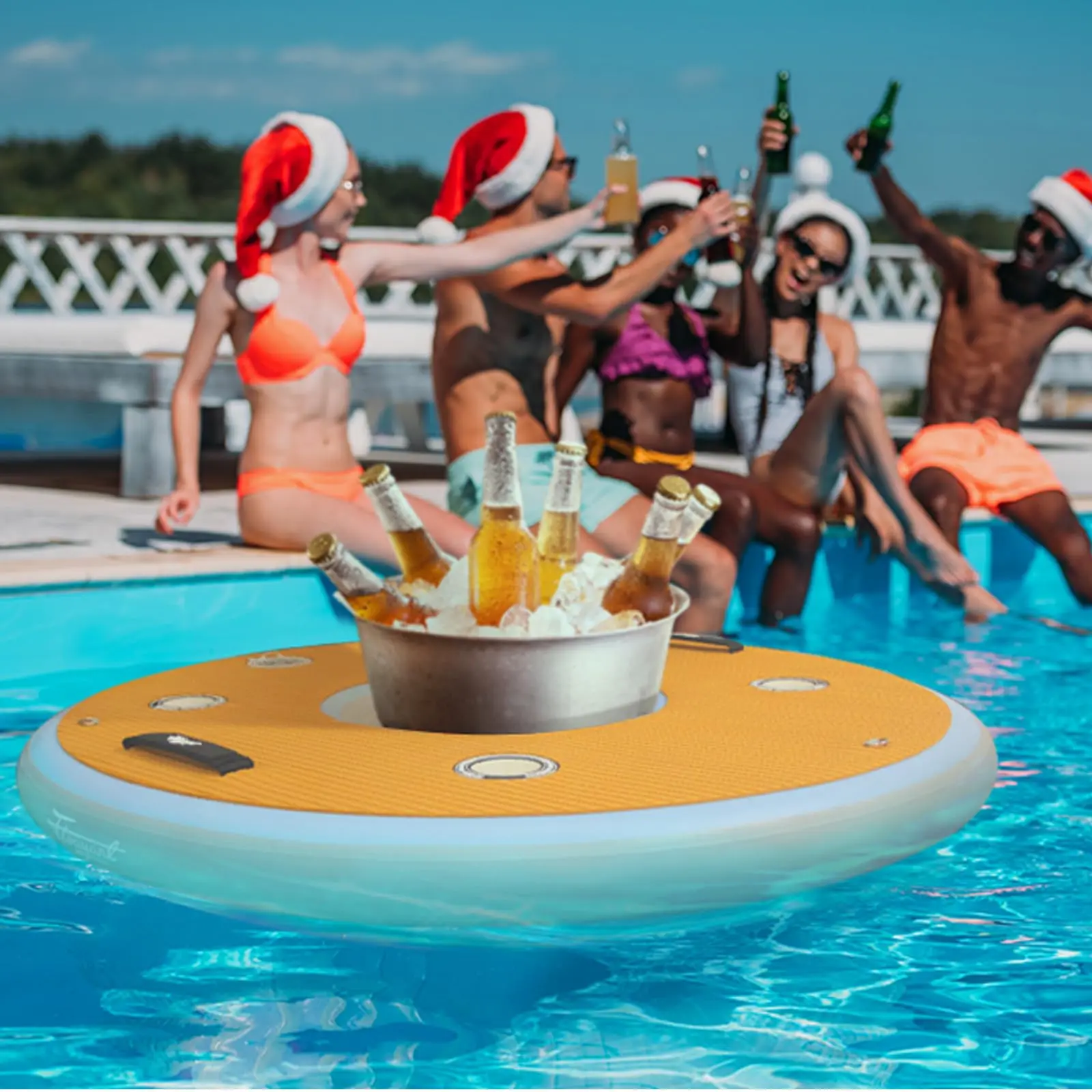 4FT Inflatable Floating Bar Portable Floating Party Raft Water Drink Bar with Ice Bucket Port 100LB Bearing