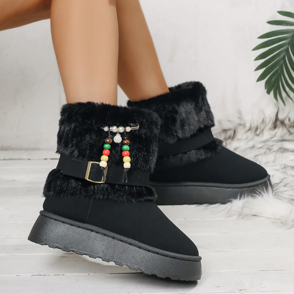 2025 Winter Fashion Faux Fur Non Slip Snow Boots Women Colorful Bead Decoration Thick Bottom Boots Short Plush Ankle Booties