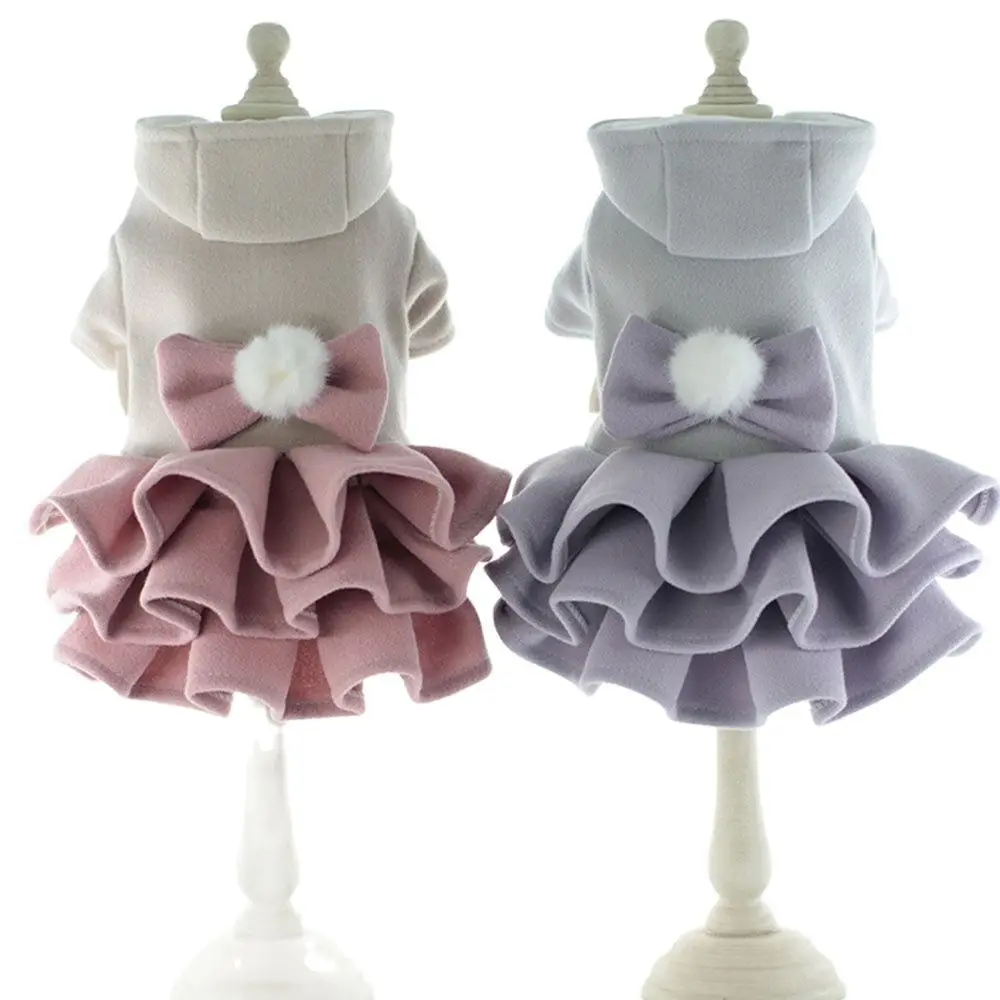 Dogs and Cats Winter Dress Tutu Hairball&Bow Design Female Pet Puppy Warm Coat Outfit