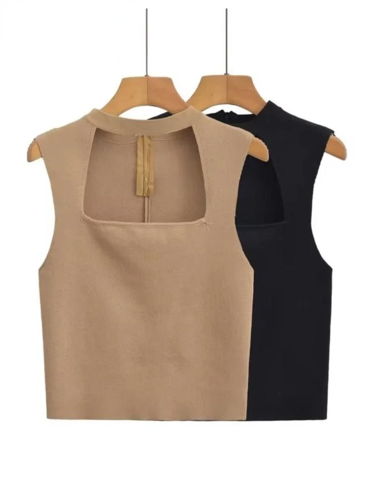 

Casual Women Sleeveless Vest Sweater Sexy Hollow Out Sleeveless Knitted Female Pullover Top Spring Crop Top Jumper 2023