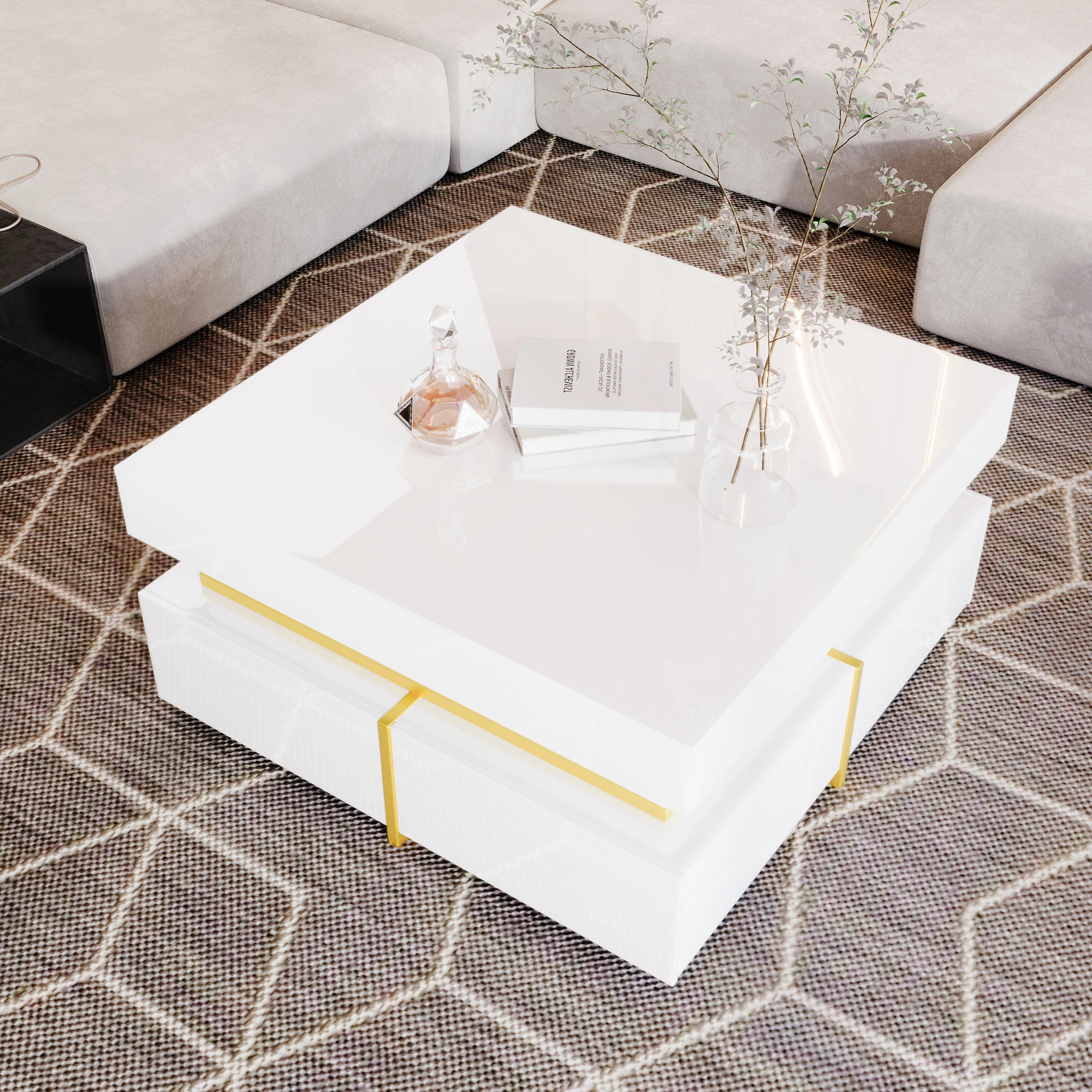 Coffee table, high-gloss living room table, side table with drawers and golden accents