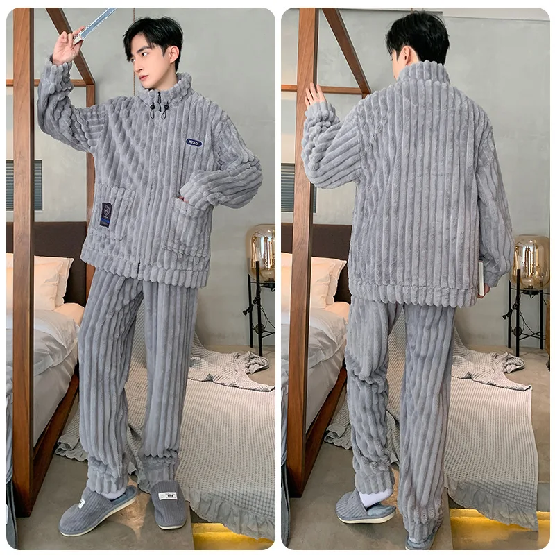 Autumn Winter Men's Coral Velvet Pajamas Plush Thickened Zipper Jacquard Flannel Cardigan Oversized Loose Home Clothing Set