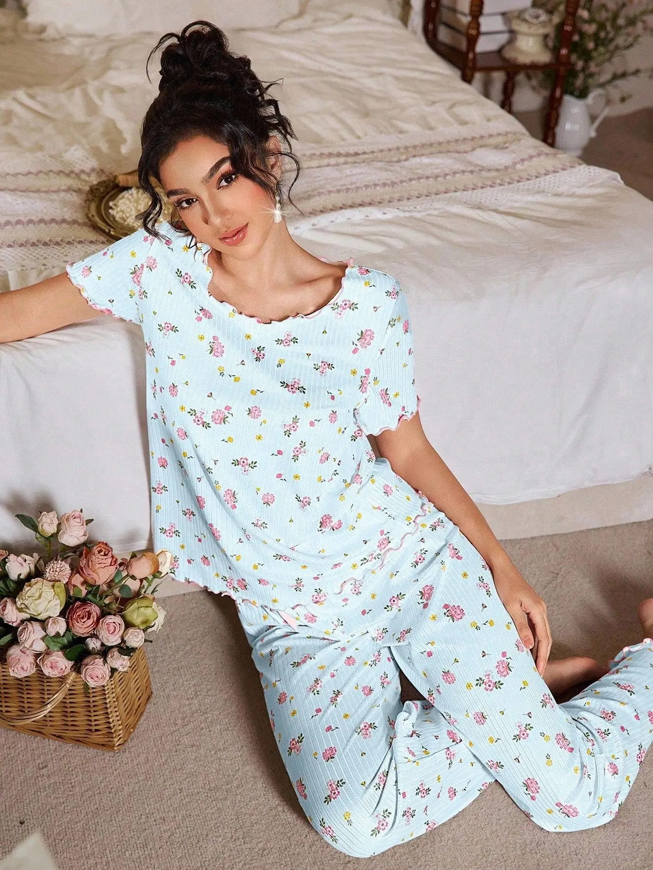 New European and American style loose-fitting women's pajamas, floral short-sleeved long pants home wear, casual two-piece set s