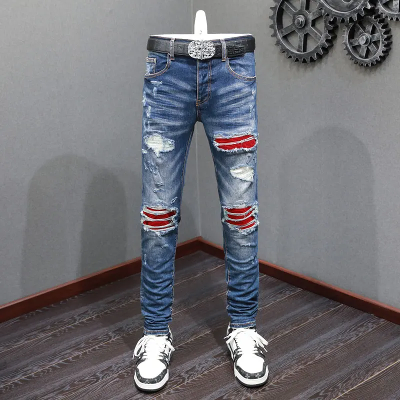 

Newly Designer Fashion Men Jeans Retro Blue Stretch Skinny Fit Patched Ripped Jeans Men Buttons Fly Street Hip Hop Brand Pants