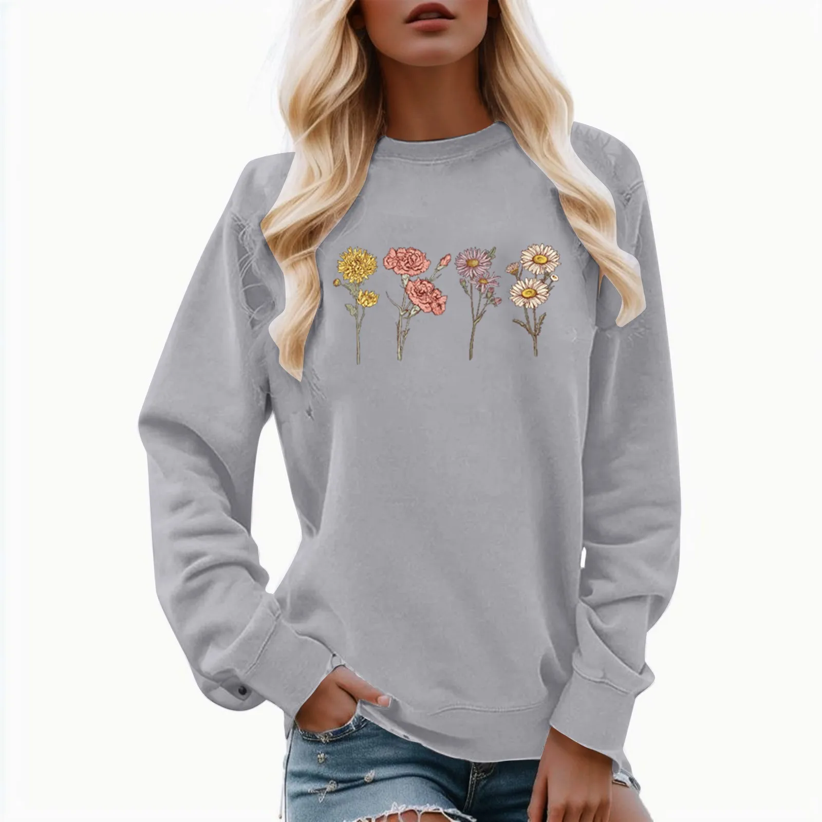

Women Flower Print Sweatshirt Vintage Loose Crew Neck Hoodies Harajuku KoreanSportswear Blouses Oversize Pullover Sudadera