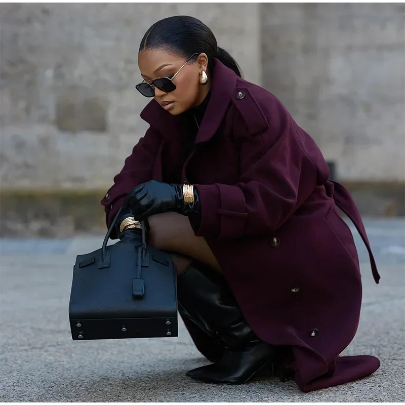 Fashion Burgundy Red Double Breasted Overcoat Women Lace Up Loose Lapel Pockets Long Sleeve Coat New High Street Outerwear