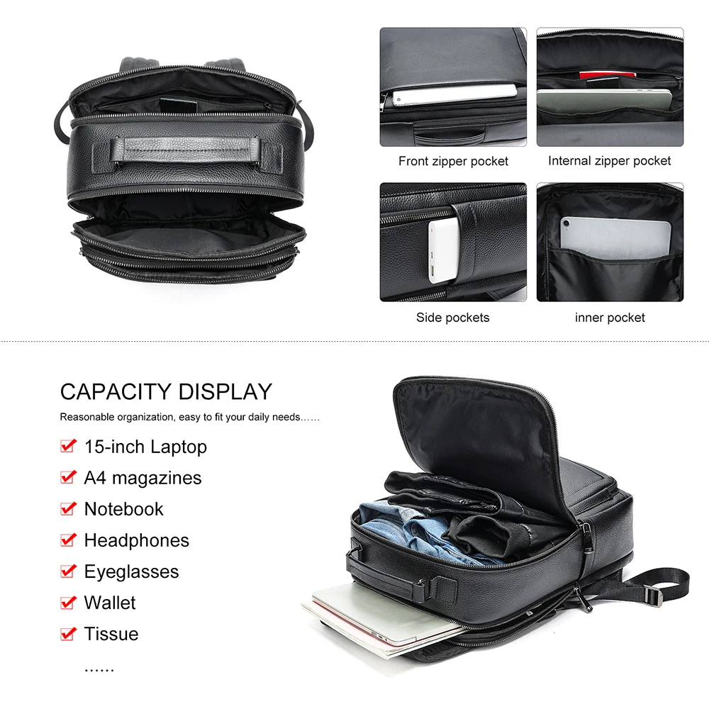 Men's Leather Backpacks for 15inch Laptop Black Large Capacity Daypack with Handle Casual School Bag for Teenager 2290