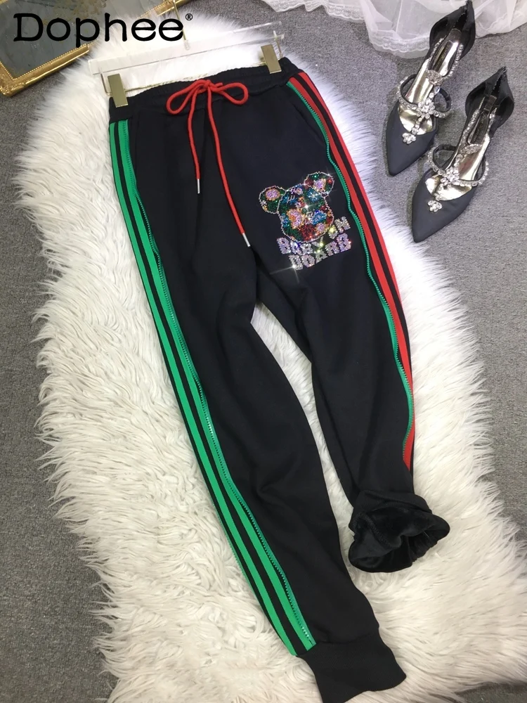 Cartoon Rhinestone Fleece Thick Sweat Pants Women 2023 Autumn Winter High Waist Show Thin Black Leisure Tappered SportsPants super shine women rhinestone belt thin and wide silver bling bride wedding crystal chain belts gold diamond waistbands bg 1045